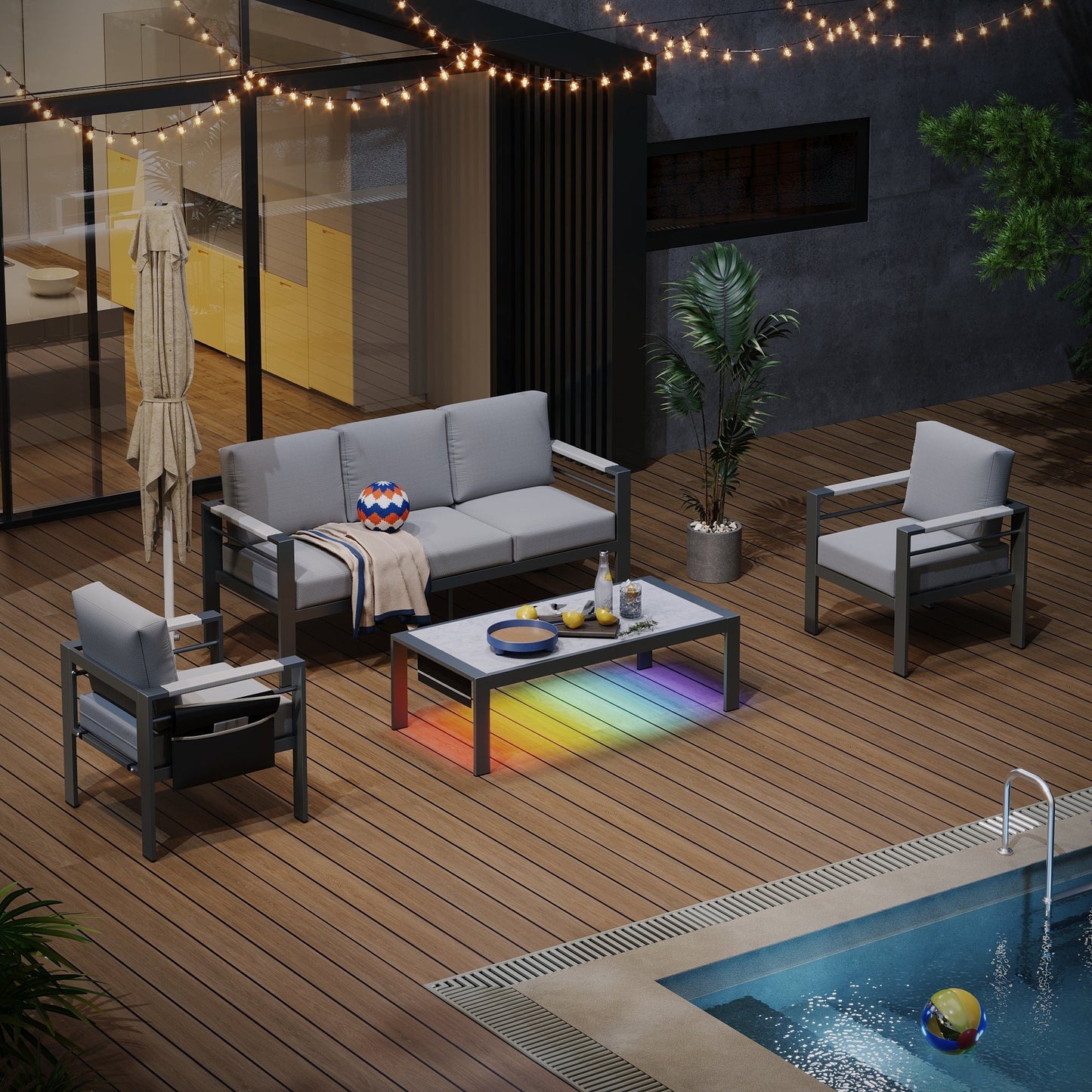 Set da conversazione per patio in alluminio da 4 pezzi e 5 posti con cuscini, tavolino da caffè a LED e divano