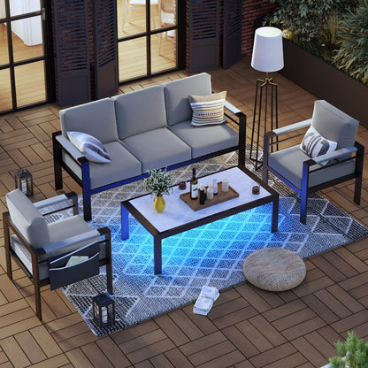 Set da conversazione per patio in alluminio da 4 pezzi e 5 posti con cuscini, tavolino da caffè a LED e divano