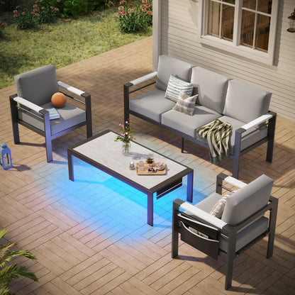 Set da conversazione per patio in alluminio da 4 pezzi e 5 posti con cuscini, tavolino da caffè a LED e divano