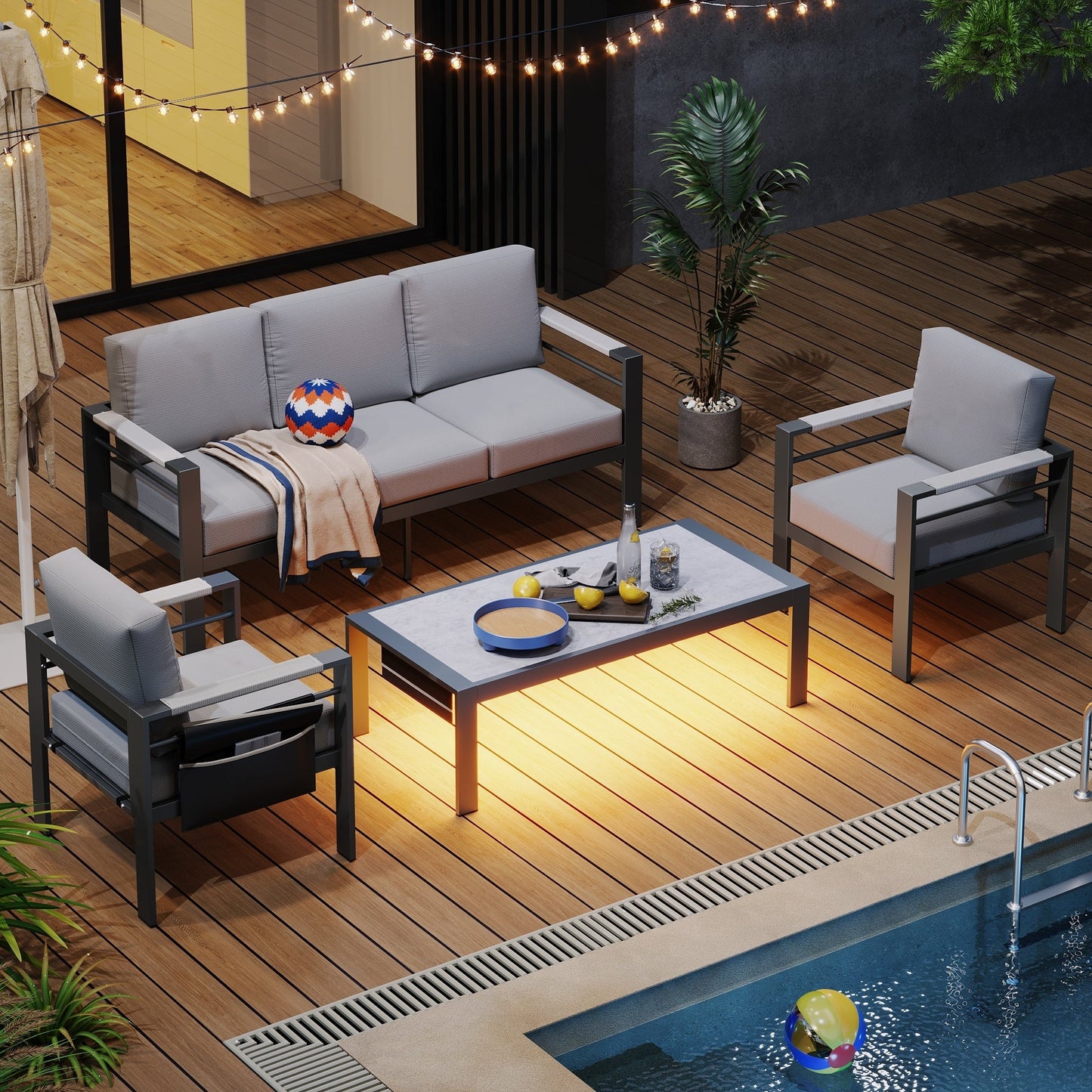 Set da conversazione per patio in alluminio da 4 pezzi e 5 posti con cuscini, tavolino da caffè a LED e divano