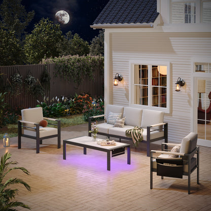 Set da conversazione per patio in alluminio da 4 pezzi e 5 posti con cuscini, tavolino da caffè a LED e divano