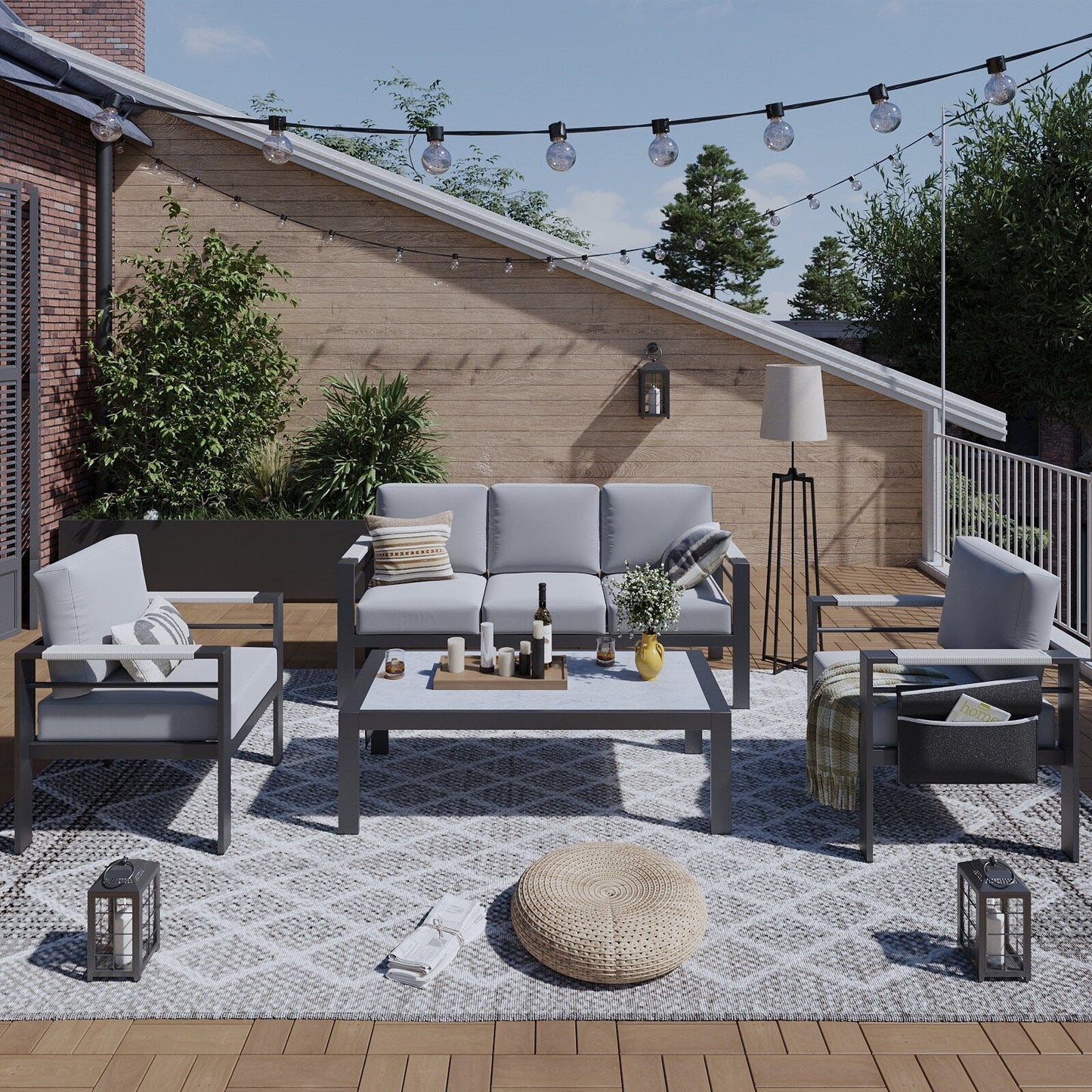 Set da conversazione per patio in alluminio da 4 pezzi e 5 posti con cuscini, tavolino da caffè a LED e divano