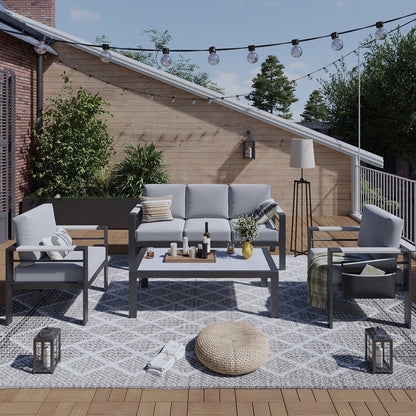 Set da conversazione per patio in alluminio da 4 pezzi e 5 posti con cuscini, tavolino da caffè a LED e divano