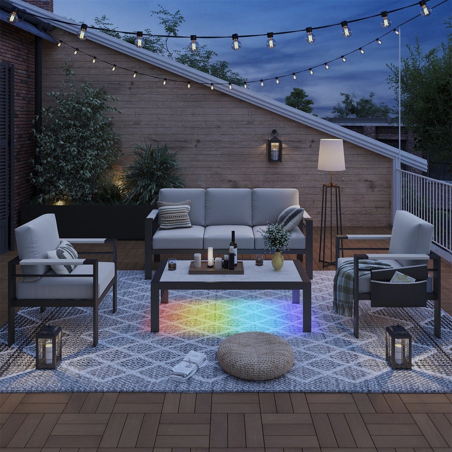 Set da conversazione per patio in alluminio da 4 pezzi e 5 posti con cuscini, tavolino da caffè a LED e divano
