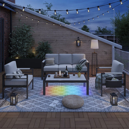 Set da conversazione per patio in alluminio da 4 pezzi e 5 posti con cuscini, tavolino da caffè a LED e divano