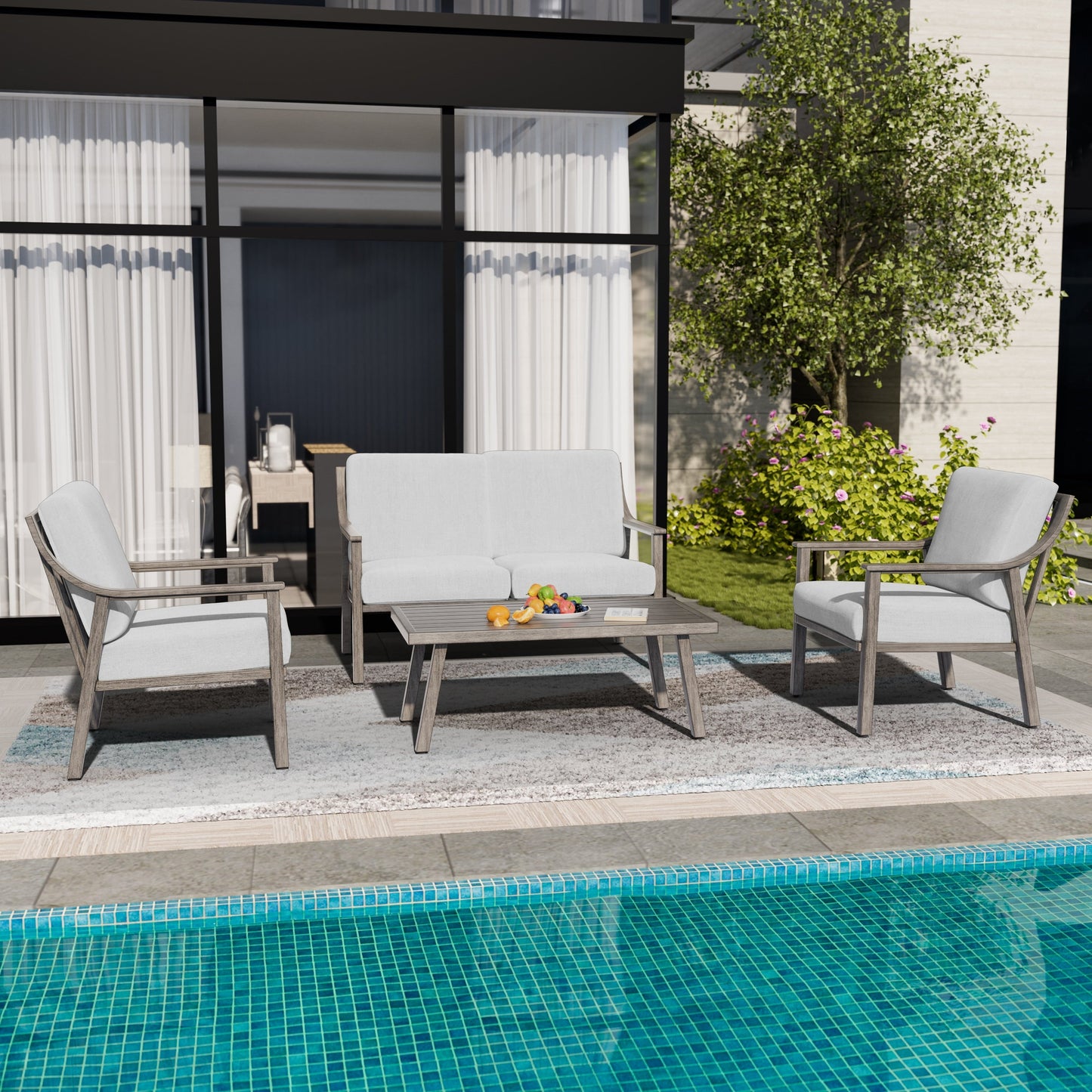 Set da conversazione in alluminio da 4 pezzi con tavolino e cuscini