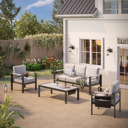 Set da conversazione per patio in alluminio da 4 pezzi e 5 posti con cuscini, tavolino da caffè a LED e divano