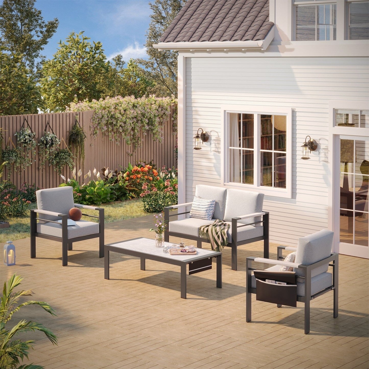 Set da conversazione per patio in alluminio da 4 pezzi per 4 persone con cuscini, tavolino da caffè a LED e divanetto