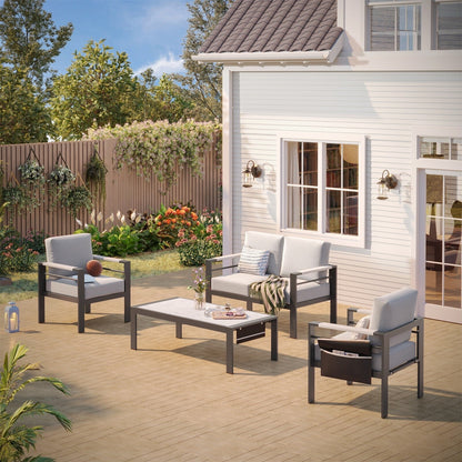 Set da conversazione per patio in alluminio da 4 pezzi per 4 persone con cuscini, tavolino da caffè a LED e divanetto