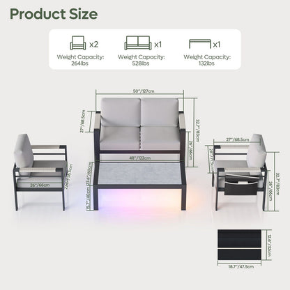 Set da conversazione per patio in alluminio da 4 pezzi per 4 persone con cuscini, tavolino da caffè a LED e divanetto