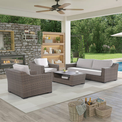 Set di divani rustici Manhattan in vimini da 4 pezzi con vetro temperato