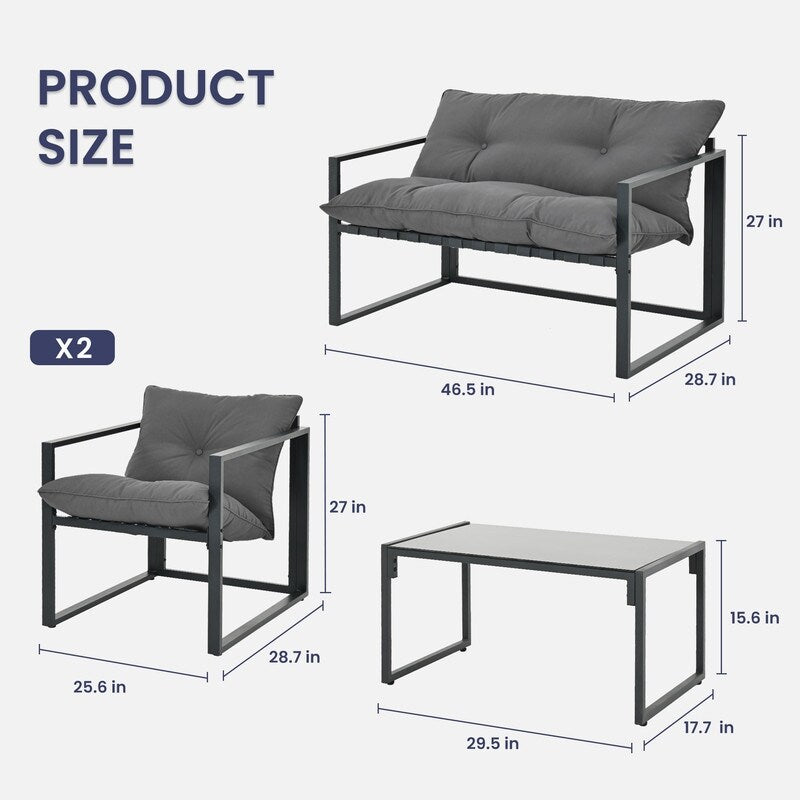 Set da conversazione per patio esterno in metallo da 4 pezzi con cuscini