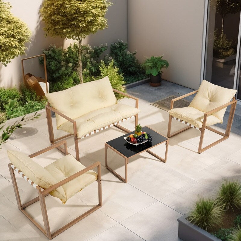 Set da conversazione per patio esterno in metallo da 4 pezzi con cuscini