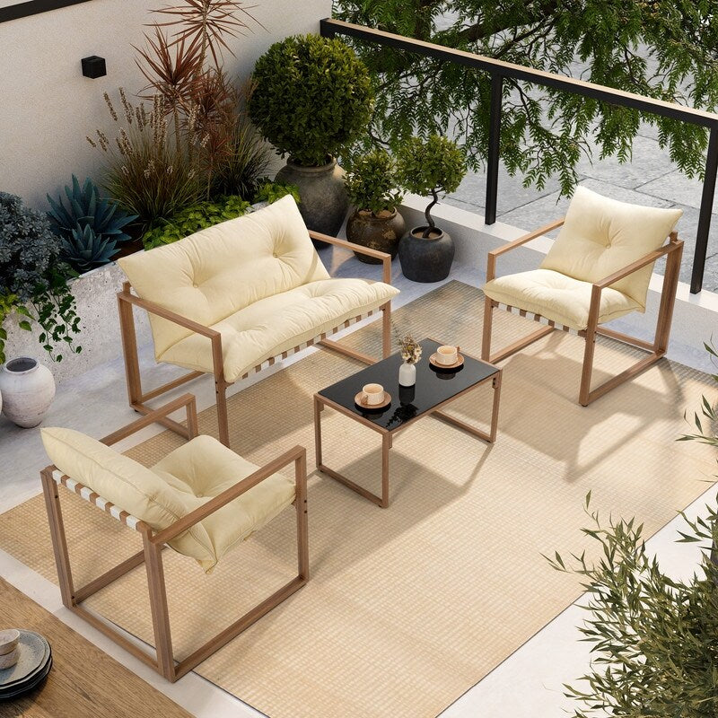 Set da conversazione per patio esterno in metallo da 4 pezzi con cuscini