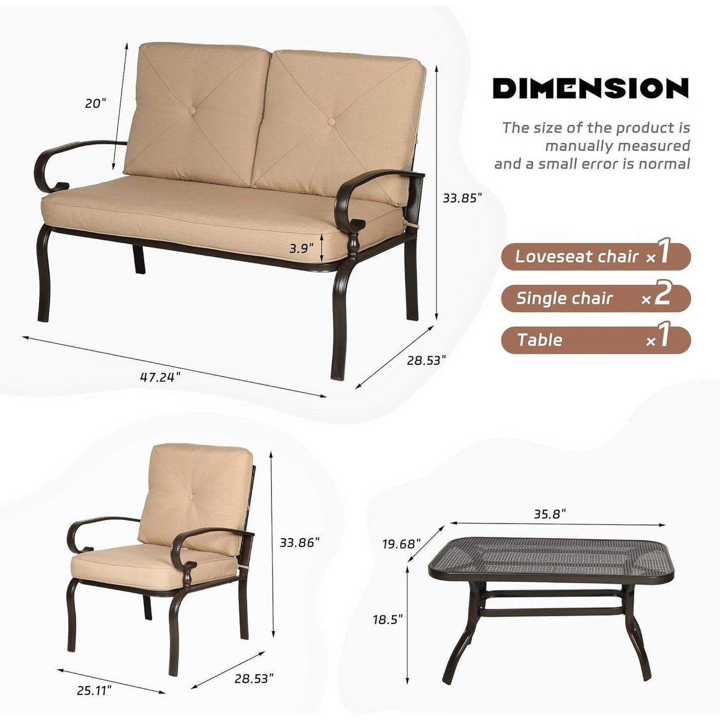 Set da conversazione per esterni in metallo da 4 pezzi con divano a due posti