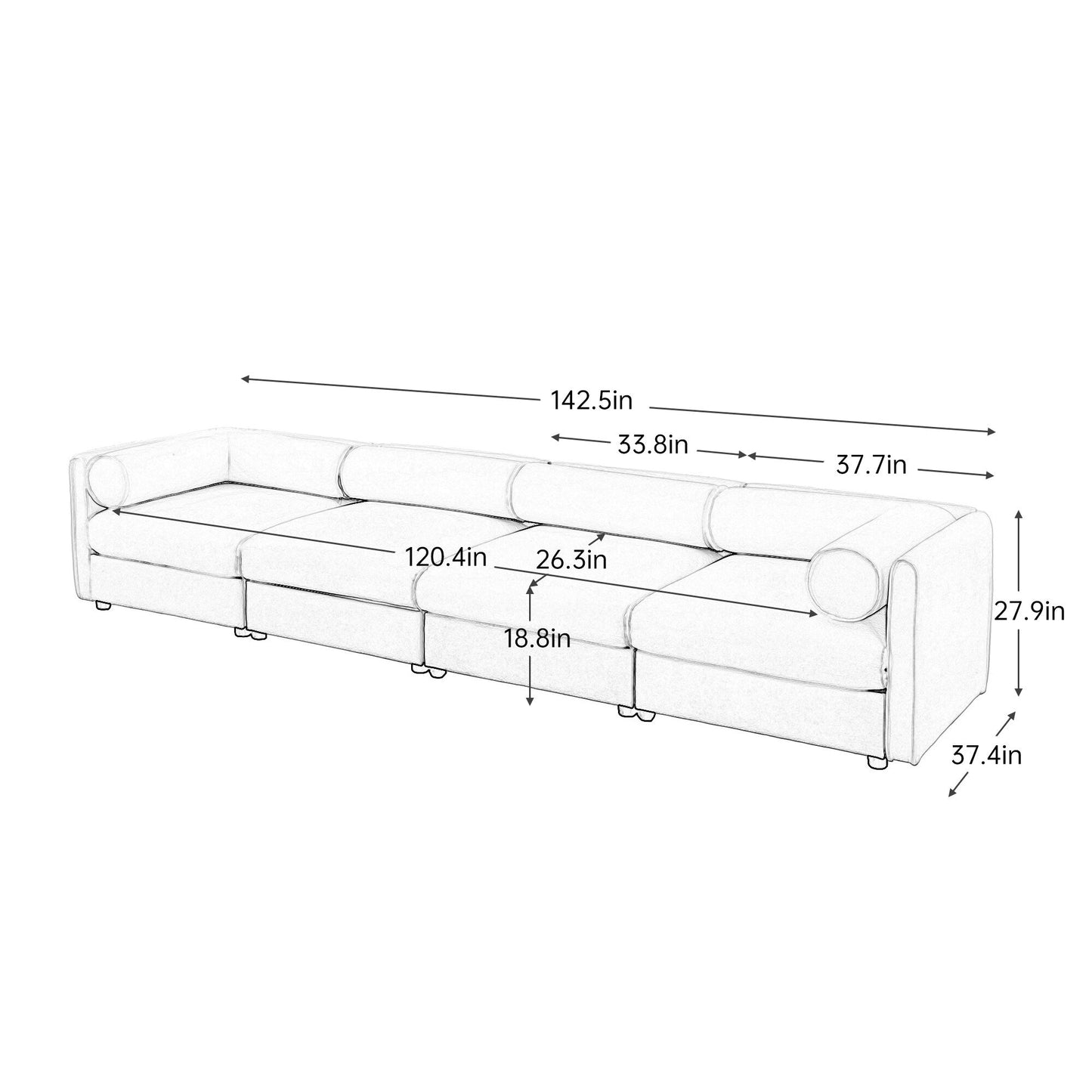 Divano componibile modulare a 4 pezzi - Chaise longue contenitore con schienali cilindrici, seduta profonda