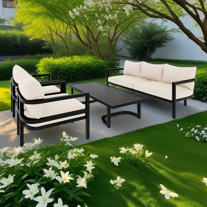 Set di divani da conversazione da esterno in acciaio da 4 pezzi e 5 posti con tavolino, impermeabile, antiruggine e anti-UV