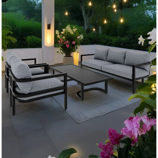 Set di divani da conversazione da esterno in acciaio da 4 pezzi e 5 posti con tavolino, impermeabile, antiruggine e anti-UV