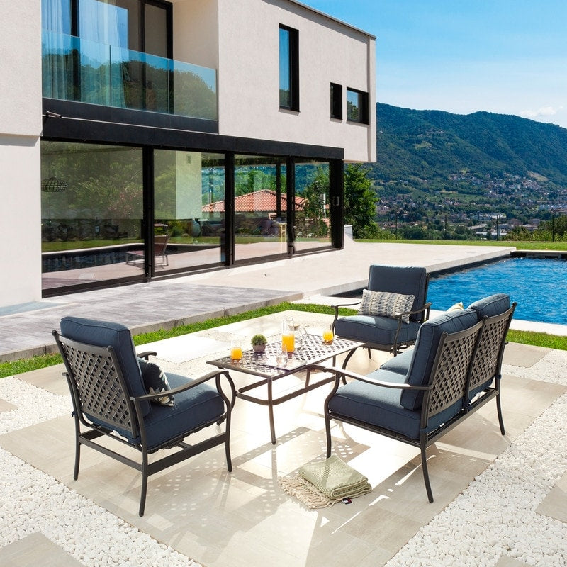 Patio Festival - Set da conversazione con divano a due posti in metallo da esterno, 4 pezzi