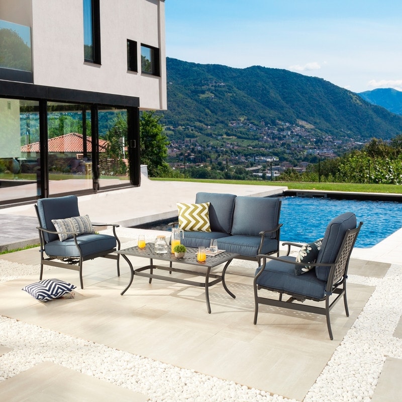 Patio Festival - Set da conversazione con divano a due posti in metallo da esterno, 4 pezzi