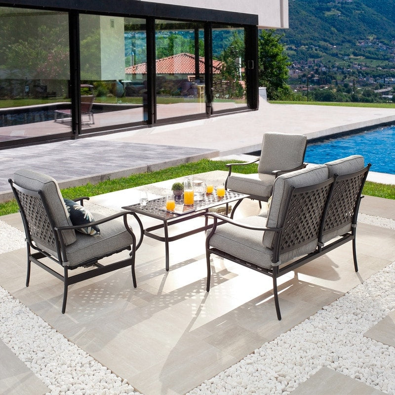 Patio Festival - Set da conversazione con divano a due posti in metallo da esterno, 4 pezzi