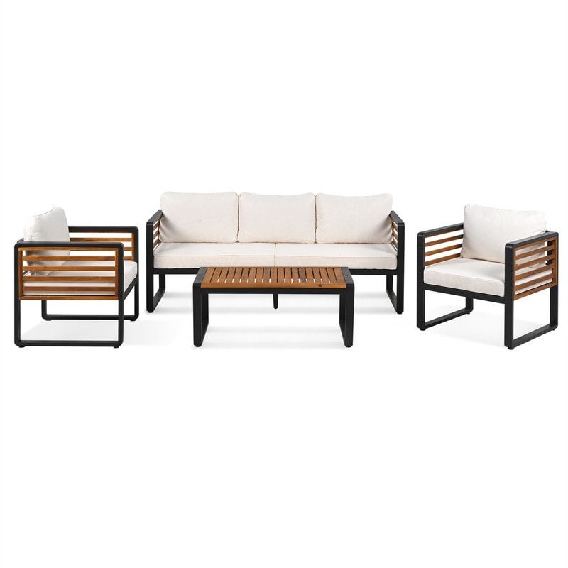 Set di mobili da esterno per patio da 4 pezzi, set da bistrot, set da conversazione per patio con tavolino da caffè e cuscino rimovibile, set di sedute per esterni