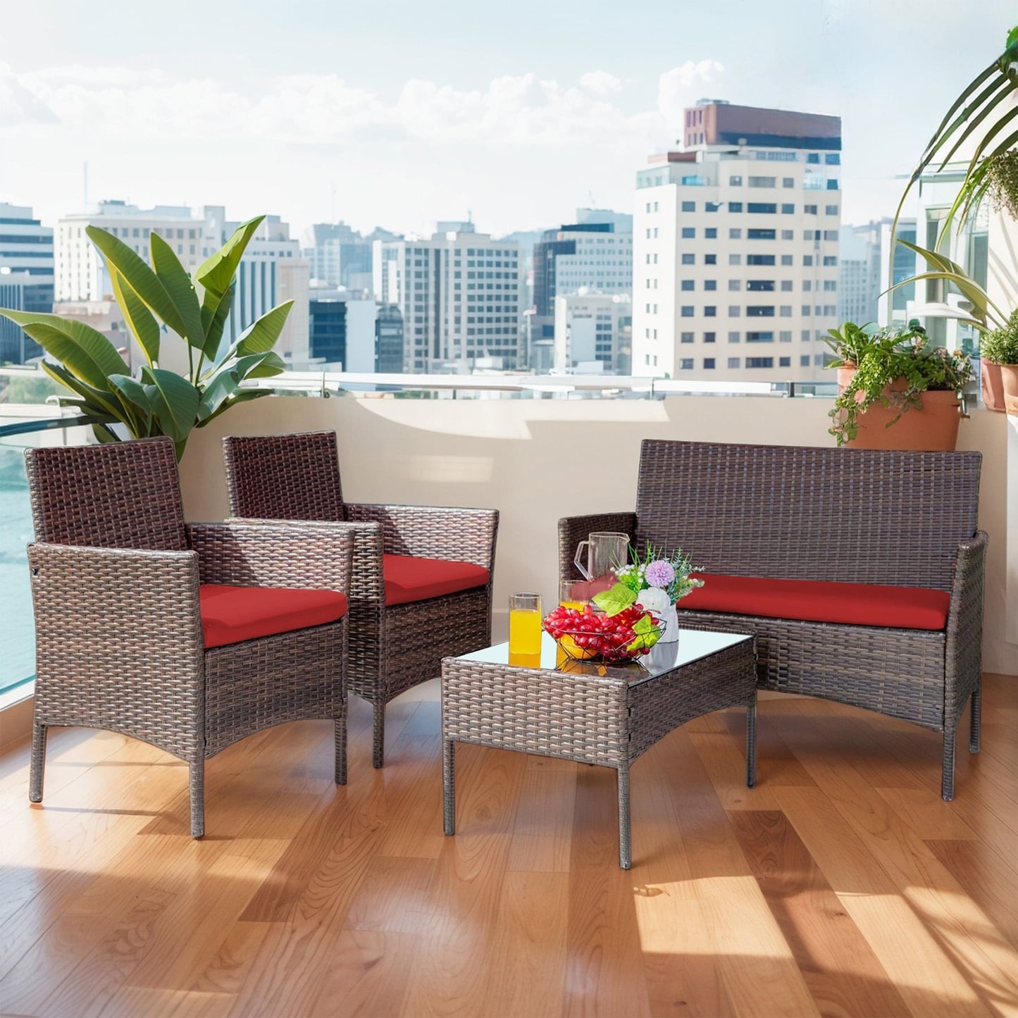 Set di mobili da esterno da 4 pezzi con cuscini, set da conversazione in vimini e tavolino da caffè in vetro