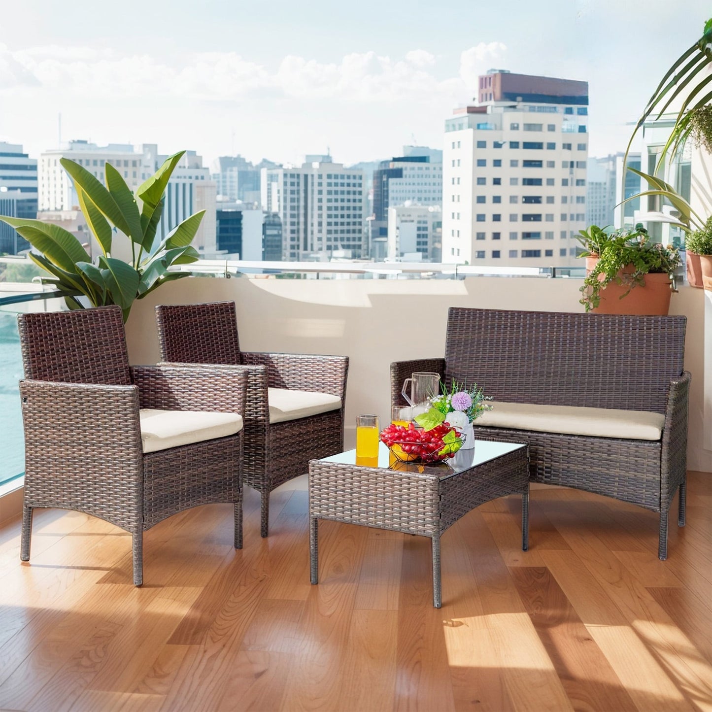 Set di mobili da esterno da 4 pezzi con cuscini, set da conversazione in vimini e tavolino da caffè in vetro