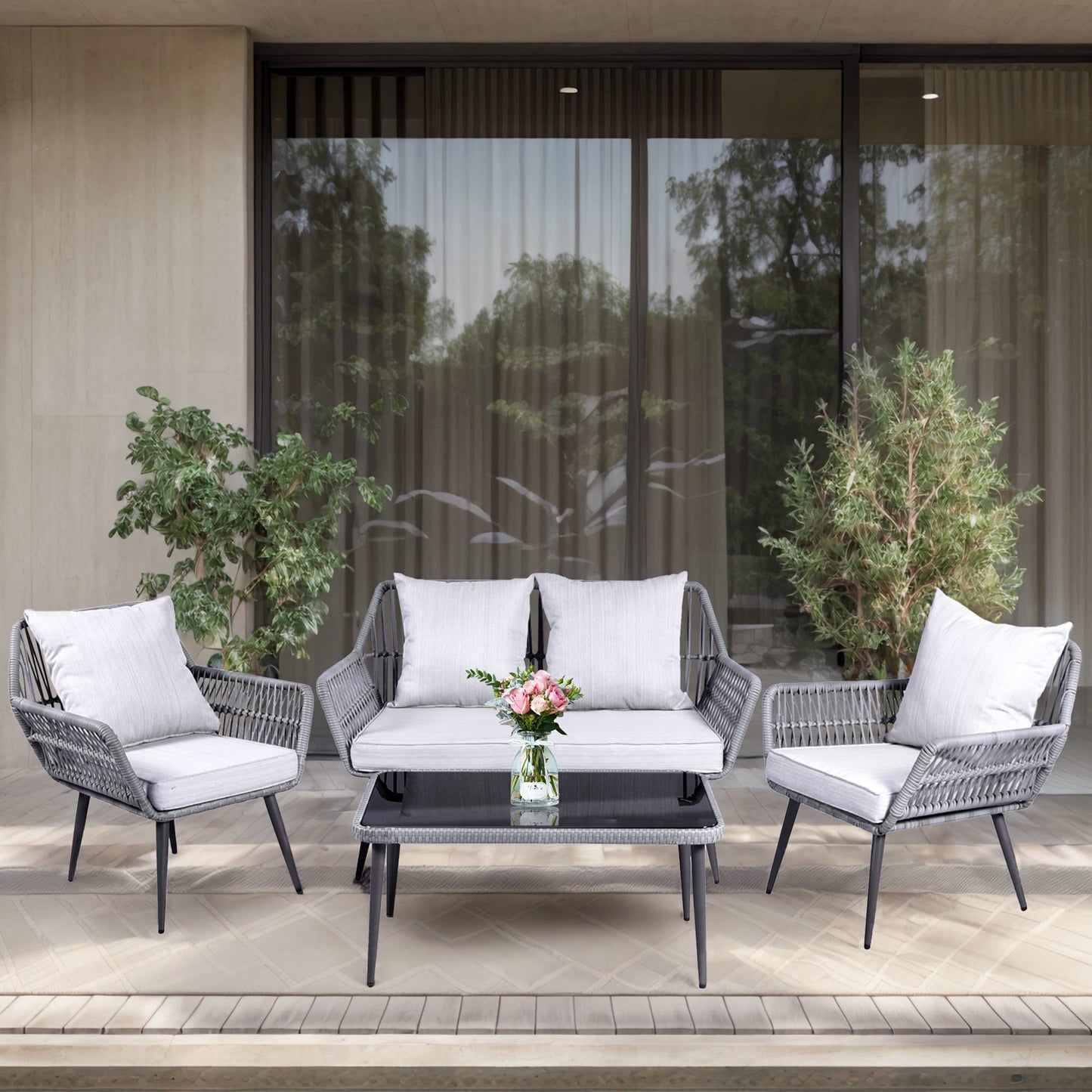 Set di mobili da giardino da 4 pezzi, set da conversazione in vimini per veranda, divano in rattan grigio con cuscino e tavolo