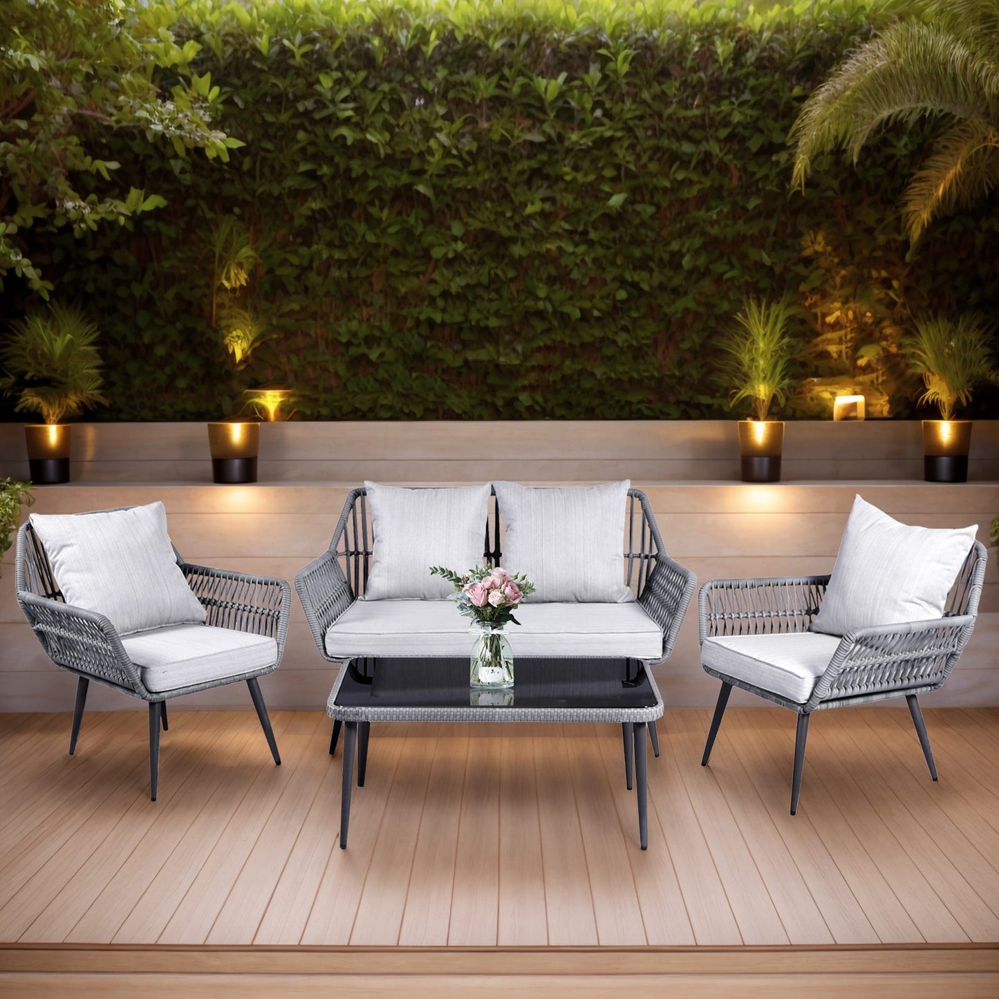 Set di mobili da giardino da 4 pezzi, set da conversazione in vimini per veranda, divano in rattan grigio con cuscino e tavolo