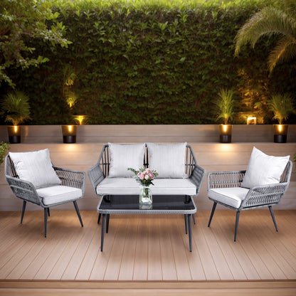 Set di mobili da giardino da 4 pezzi, set da conversazione in vimini per veranda, divano in rattan grigio con cuscino e tavolo