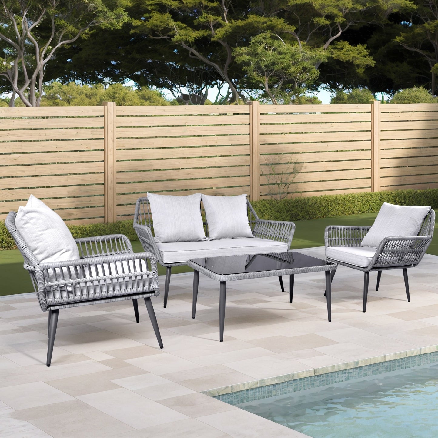 Set di mobili da giardino da 4 pezzi, set da conversazione in vimini per veranda, divano in rattan grigio con cuscino e tavolo