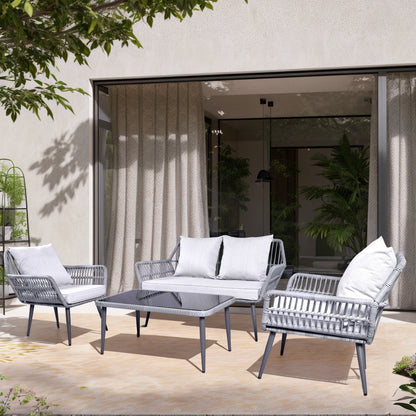 Set di mobili da giardino da 4 pezzi, set da conversazione in vimini per veranda, divano in rattan grigio con cuscino e tavolo