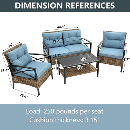 Set di mobili da esterno in rattan da 4 pezzi, cuscini spessi e tavolino laterale - 1 tavolo + 2 sedie singole + 1 divano a due posti