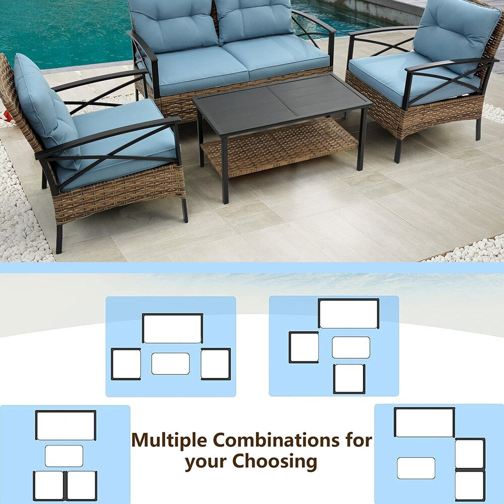 Set di mobili da esterno in rattan da 4 pezzi, cuscini spessi e tavolino laterale - 1 tavolo + 2 sedie singole + 1 divano a due posti