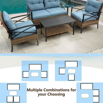 Set di mobili da esterno in rattan da 4 pezzi, cuscini spessi e tavolino laterale - 1 tavolo + 2 sedie singole + 1 divano a due posti