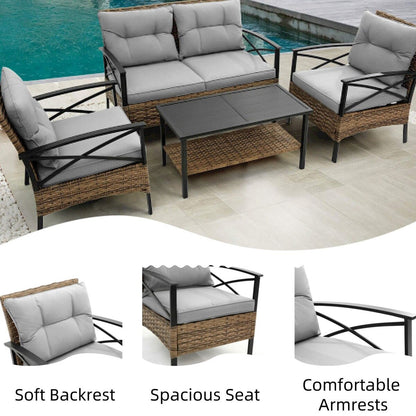 Set di mobili da esterno in rattan da 4 pezzi, cuscini spessi e tavolino laterale - 1 tavolo + 2 sedie singole + 1 divano a due posti