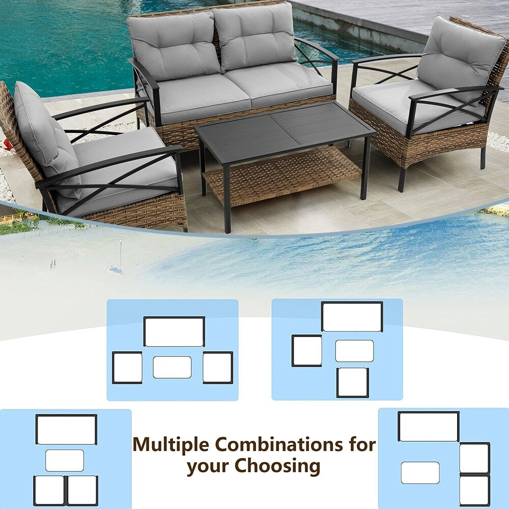 Set di mobili da esterno in rattan da 4 pezzi, cuscini spessi e tavolino laterale - 1 tavolo + 2 sedie singole + 1 divano a due posti