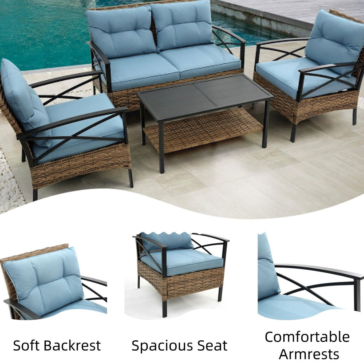 Set di mobili da esterno in rattan da 4 pezzi, cuscini spessi e tavolino laterale - 1 tavolo + 2 sedie singole + 1 divano a due posti