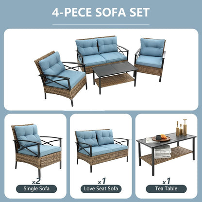 Set di mobili da esterno in rattan da 4 pezzi, cuscini spessi e tavolino laterale - 1 tavolo + 2 sedie singole + 1 divano a due posti