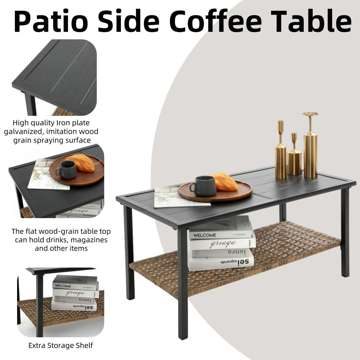 Set di mobili da esterno in rattan da 4 pezzi, cuscini spessi e tavolino laterale - 1 tavolo + 2 sedie singole + 1 divano a due posti