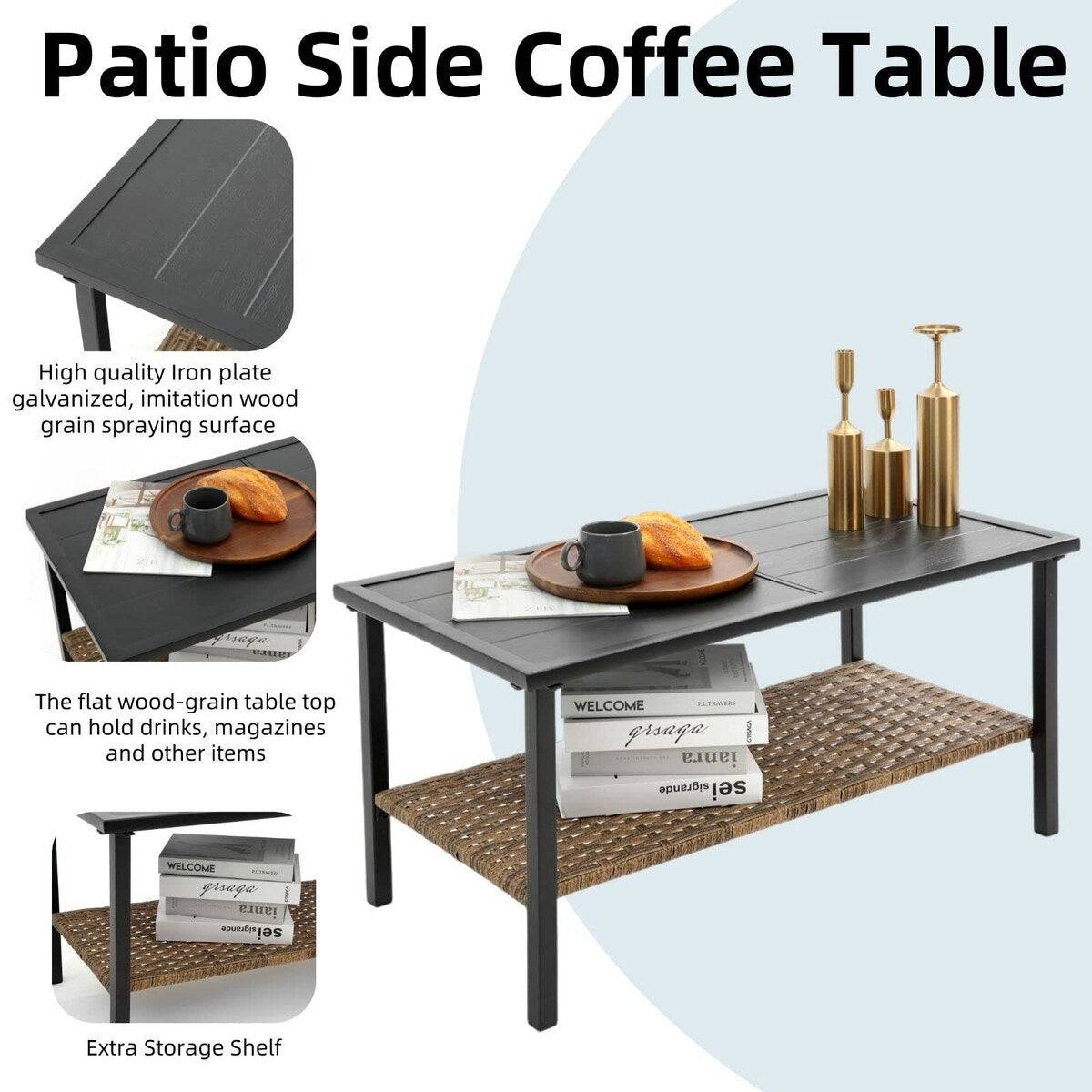 Set di mobili da esterno in rattan da 4 pezzi, cuscini spessi e tavolino laterale - 1 tavolo + 2 sedie singole + 1 divano a due posti