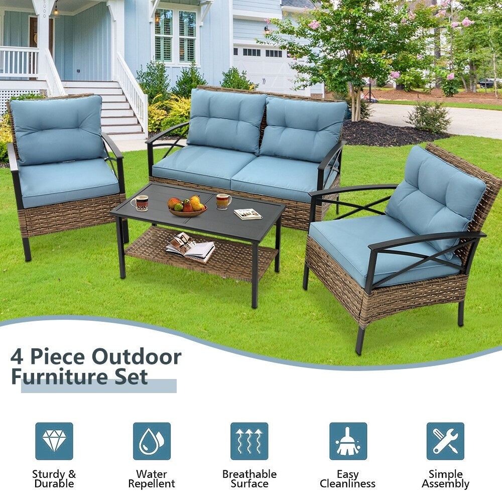 Set di mobili da esterno in rattan da 4 pezzi, cuscini spessi e tavolino laterale - 1 tavolo + 2 sedie singole + 1 divano a due posti