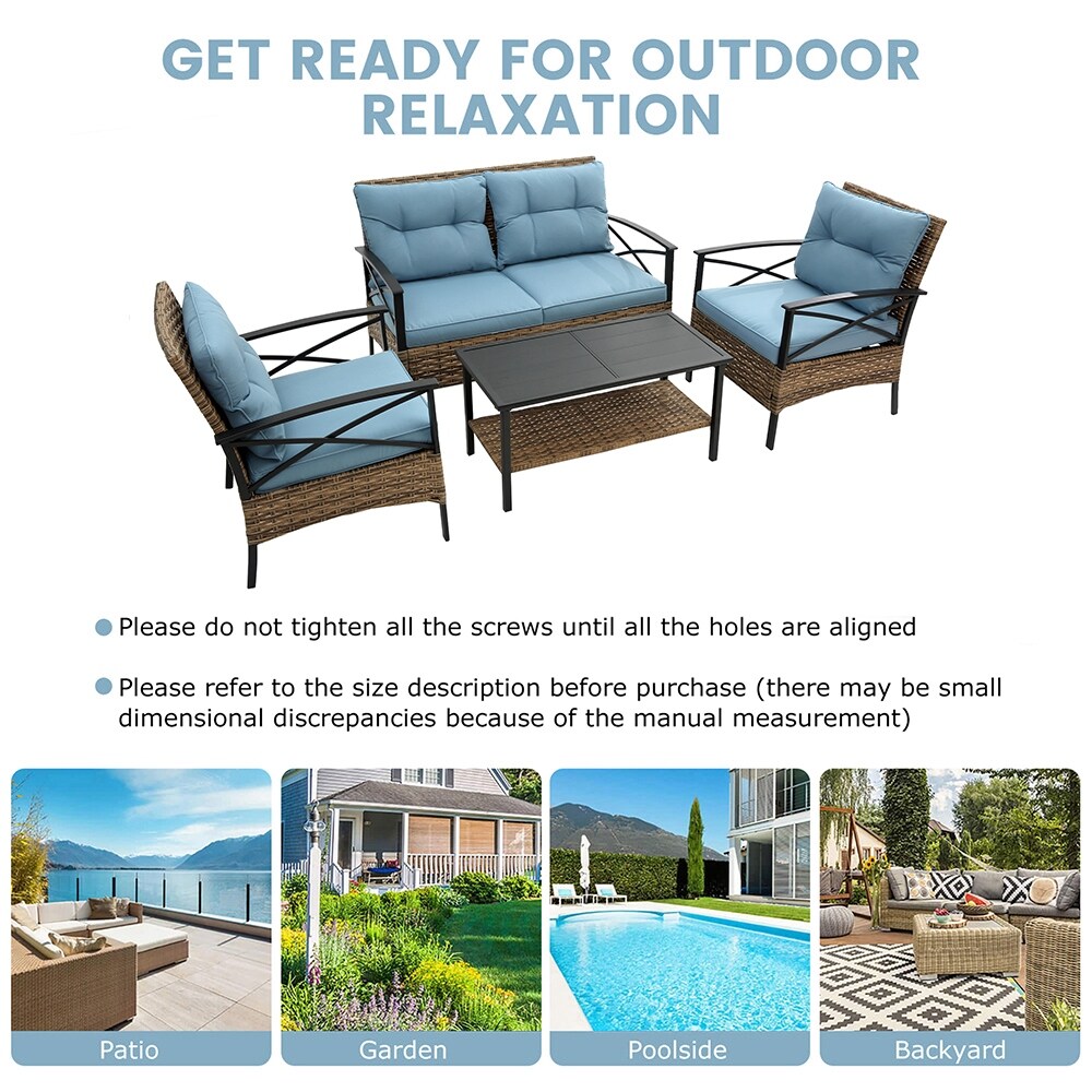 Set di mobili da esterno in rattan da 4 pezzi, cuscini spessi e tavolino laterale - 1 tavolo + 2 sedie singole + 1 divano a due posti