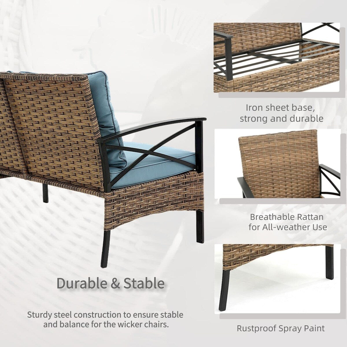 Set di mobili da esterno in rattan da 4 pezzi, cuscini spessi e tavolino laterale - 1 tavolo + 2 sedie singole + 1 divano a due posti