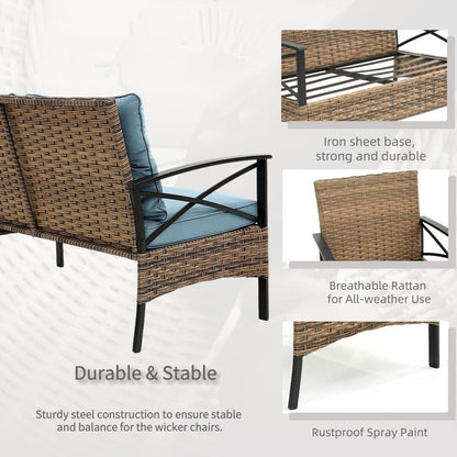 Set di mobili da esterno in rattan da 4 pezzi, cuscini spessi e tavolino laterale - 1 tavolo + 2 sedie singole + 1 divano a due posti