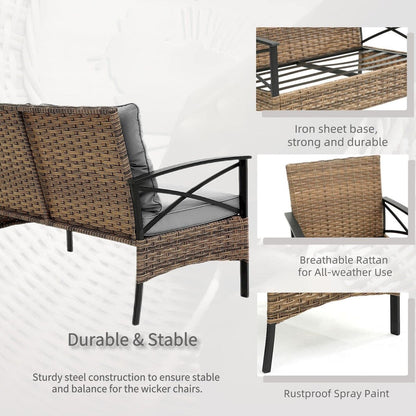 Set di mobili da esterno in rattan da 4 pezzi, cuscini spessi e tavolino laterale - 1 tavolo + 2 sedie singole + 1 divano a due posti