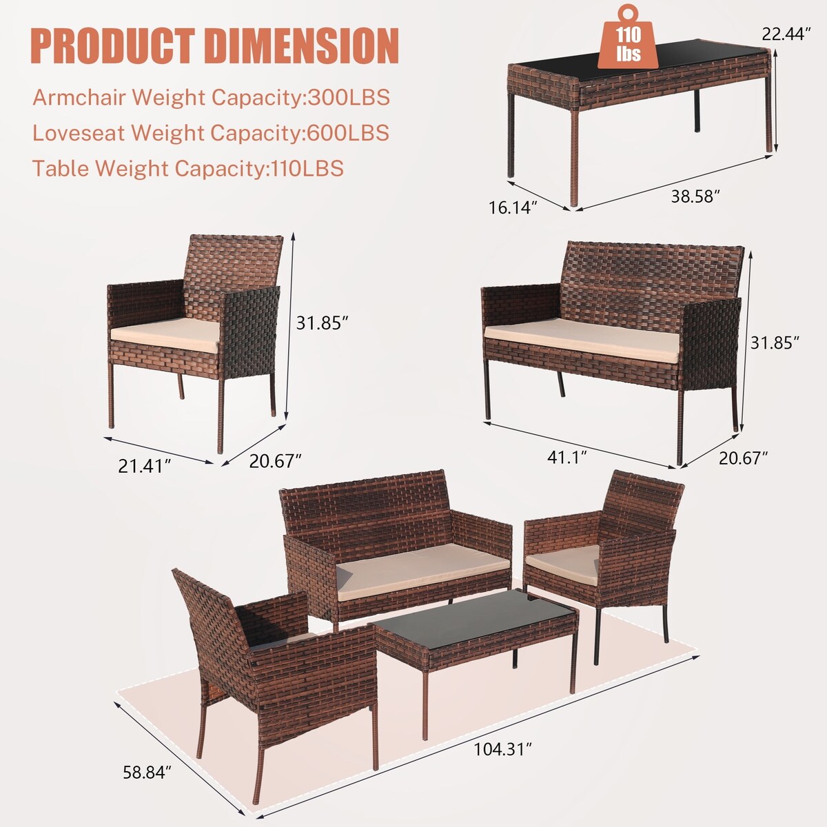 Set di mobili da esterno in vimini da 4 pezzi con tavolo, divanetto e 2 sedie