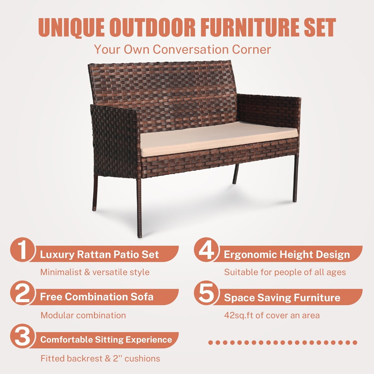 Set di mobili da esterno in vimini da 4 pezzi con tavolo, divanetto e 2 sedie