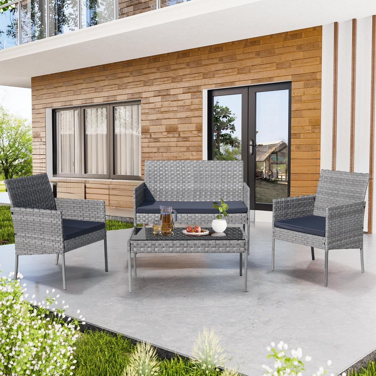 Set di mobili da esterno in vimini da 4 pezzi con tavolo, divanetto e 2 sedie